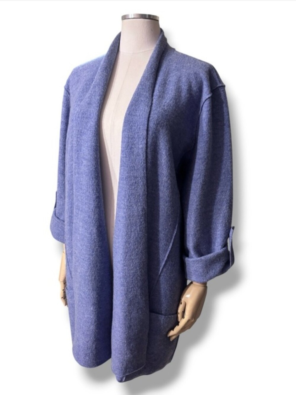 EILEEN FISHER Periwinkle Boiled Wool Cocoon Envelope Lightweight Coat Cardigan1